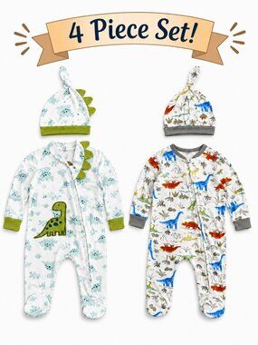 NWT Baby Essentials Set of 2 Dinosaur Footed Sleepers 3 Months w/ Hats
